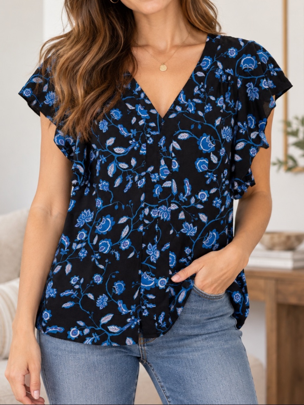 Rebecca Taylor 100% Silk Floral Flutter Sleeve Blouse Black 4
